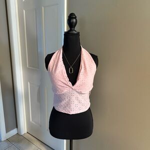 Pink Halter Neck Eyelet Top